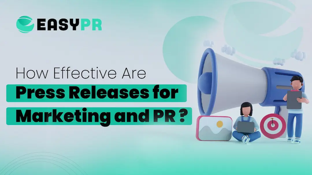 Big speaker and PR workers with titled text How Effective Are Press Releases for Marketing and PR?