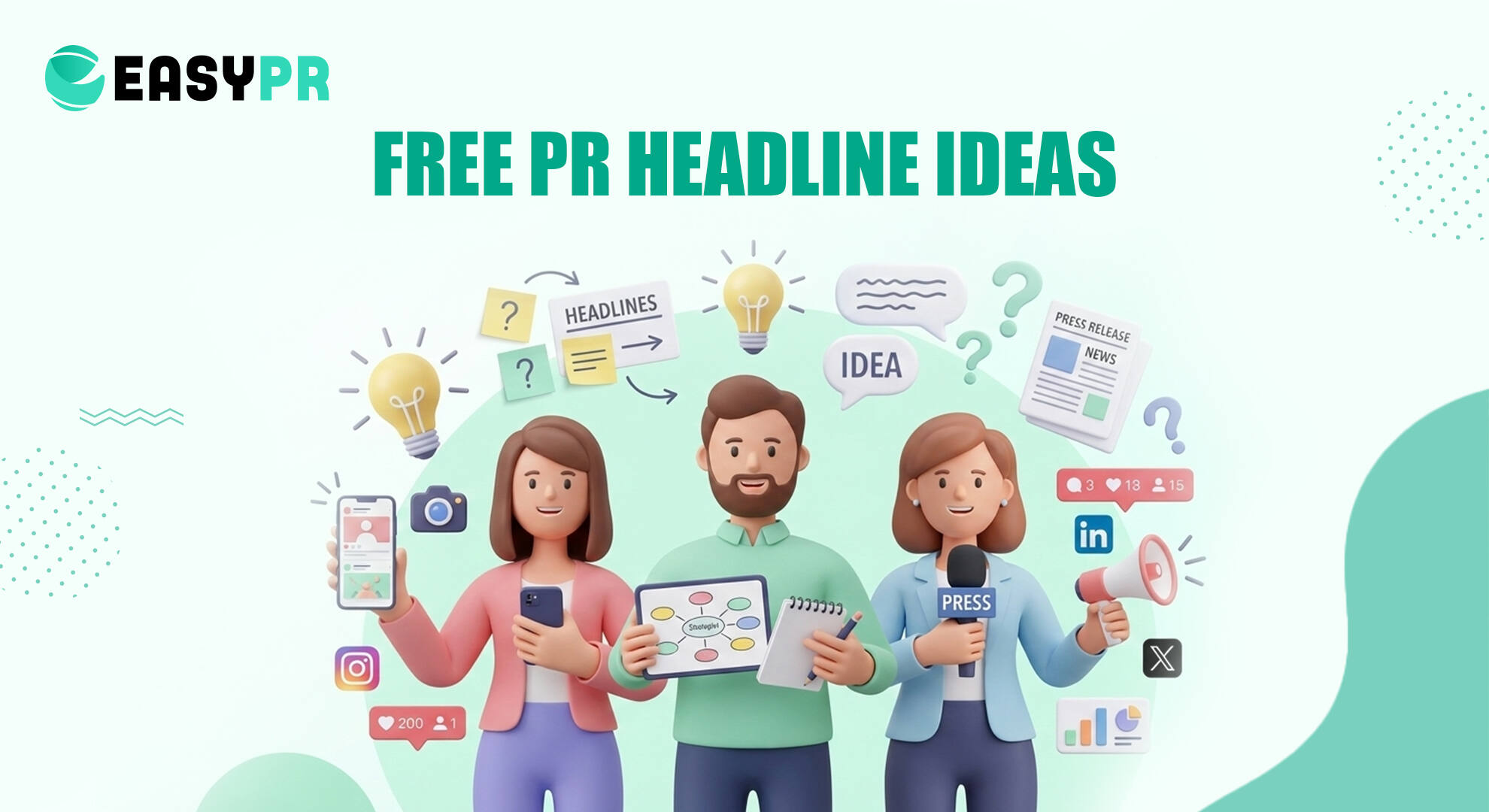 Three cartoon figures hold communication tools and ideas, surrounded by symbols like light bulbs, social media icons, and headlines. The text reads "Free PR Headline Ideas," conveying a creative, collaborative atmosphere.