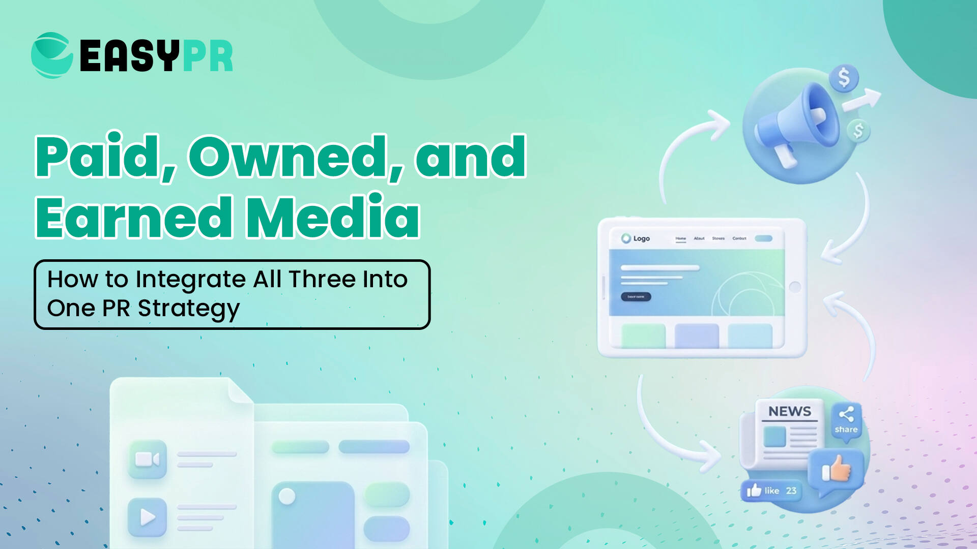 Graphic titled 'Paid, Owned, and Earned Media' with a website icon, megaphone, and news symbol. Text reads 'How to Integrate All Three Into One PR Strategy'.