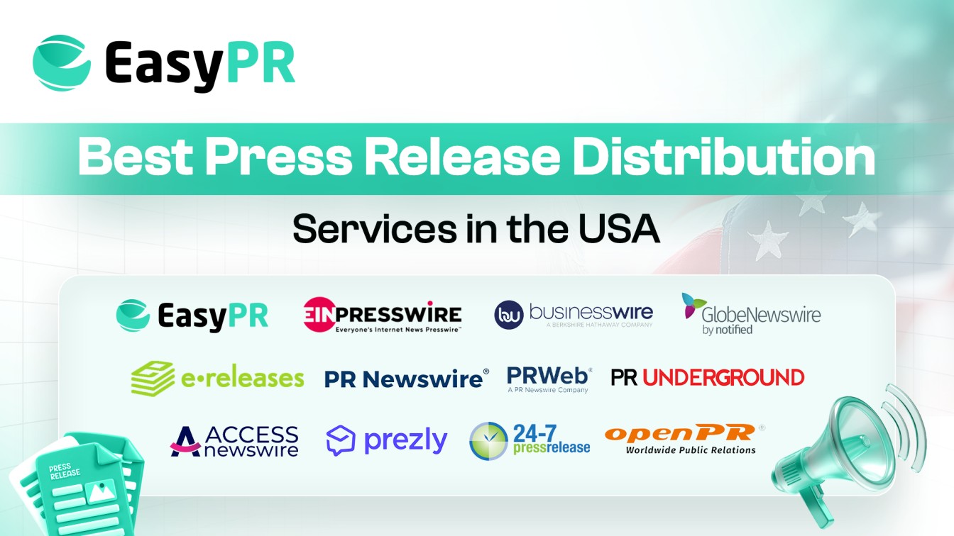 Banner highlighting top USA press release distribution services, featuring leading platform logos and a megaphone on a clean, light background.