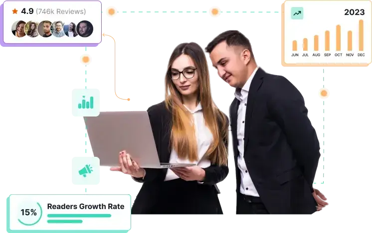 Press release distribution service hero image featuring two professionals looking at a laptop with data overlays showing a 15% readers growth rate and 4.9 star user reviews.