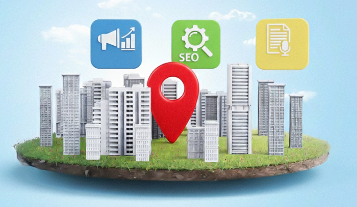 3D digital illustration of a city skyline on a floating island with a large red map pin and icons for SEO, digital marketing, and content creation.