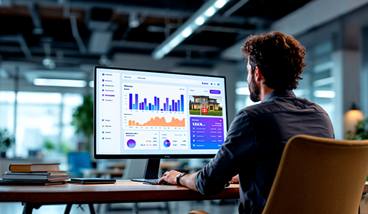 Real estate marketing professional analyzing property performance data and housing market trends on a large desktop monitor in a modern office.
