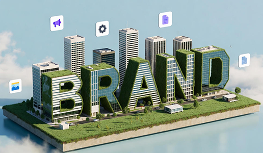 3D digital illustration of the word "BRAND" as eco-friendly, grass-covered skyscrapers in a city model with digital marketing icons for social media, settings, and content.