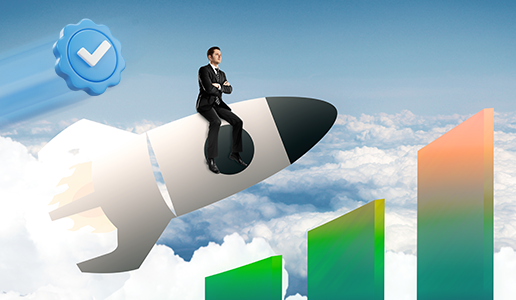 A businessman in a suit sitting on a rocket ship flying through a blue sky above the clouds. A blue verified checkmark icon floats to the left, and a rising green bar chart is visible in the foreground.