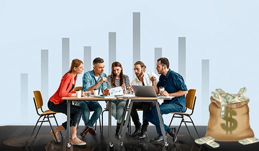 A group of five diverse professionals in a meeting around a table with laptops and coffee. To the right is a large burlap sack overflowing with cash, and the background shows a light grey bar graph.