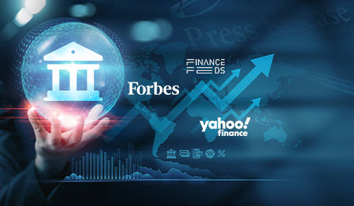 A hand holding a glowing digital globe containing a bank icon. The background features a world map with rising growth arrows and logos for Forbes, Yahoo Finance, and Finance Feeds.