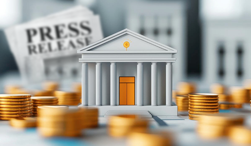 A miniature 3D model of a classical bank building with white columns, centered among stacks of gold coins. In the blurred background, a document with the header "PRESS RELEASE" is visible.