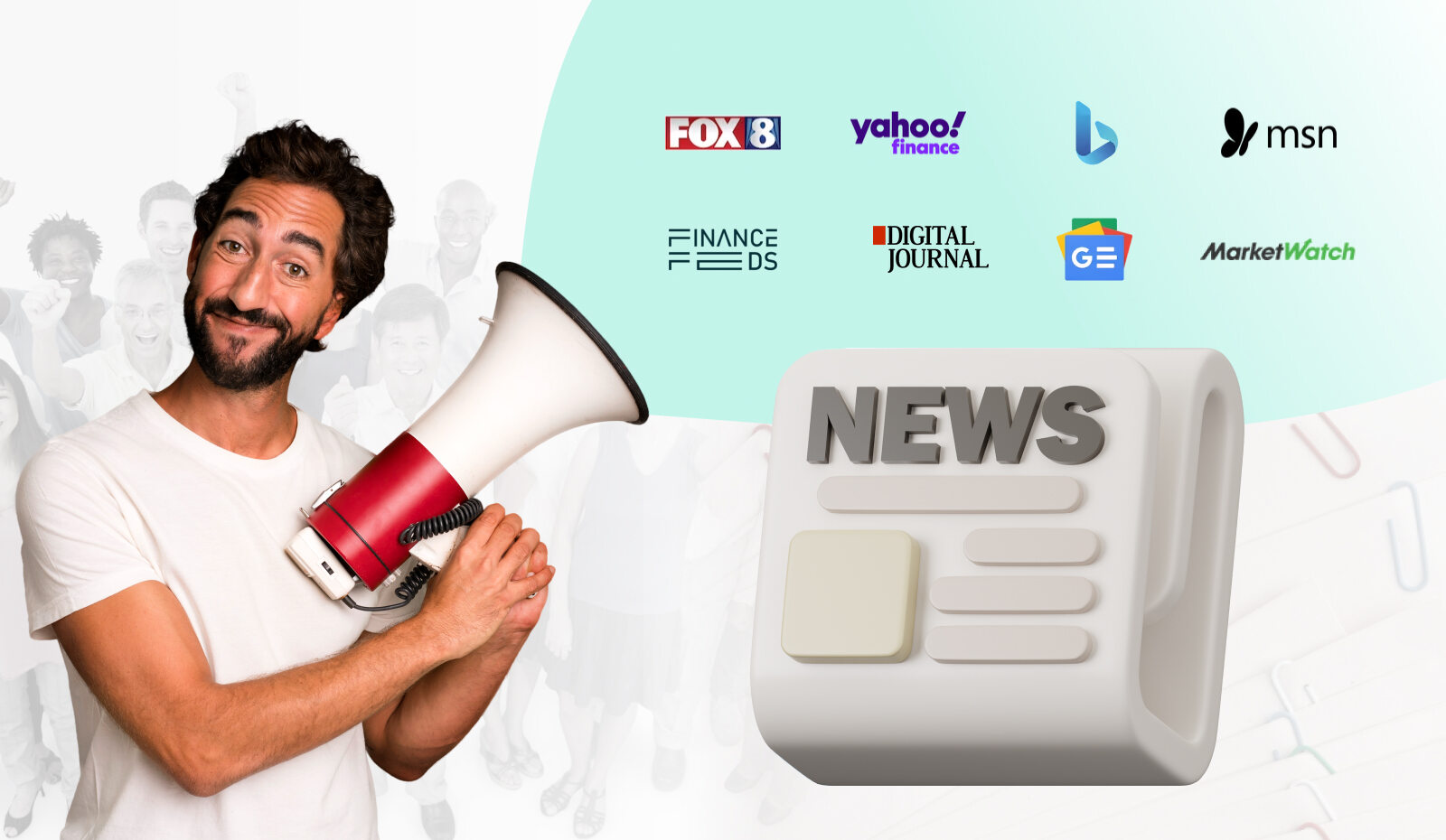 A man with a megaphone standing next to media logos like Yahoo Finance, Google News, and MarketWatch, representing wide-reach press release distribution services.