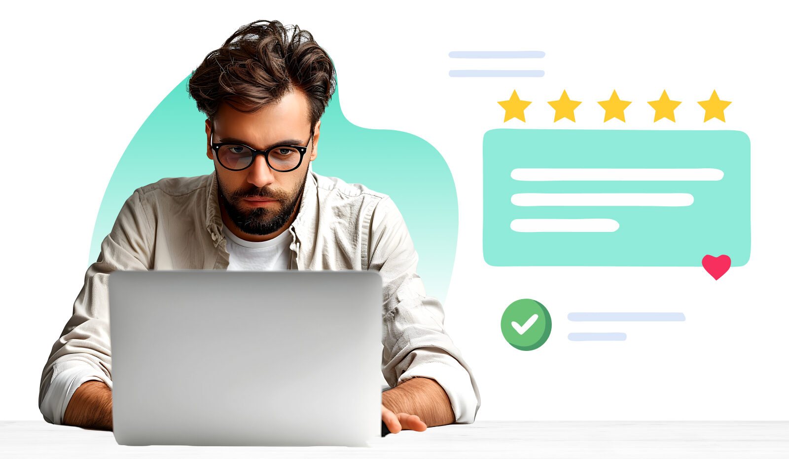 A focused professional working on a laptop with a five-star rating and message bubble graphic, symbolizing high-quality press release writing and copywriting services.