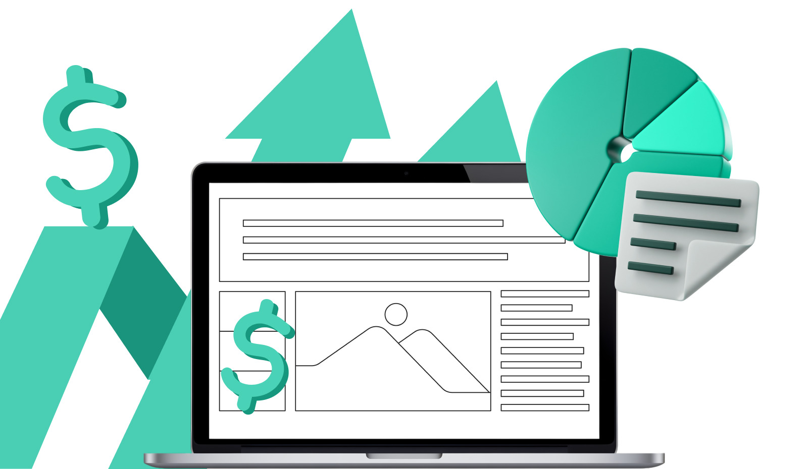 3D graphics of dollar signs, upward-trending arrows, and pie charts surrounding a laptop, showcasing the ROI and business growth from a strategic online PR presence.
