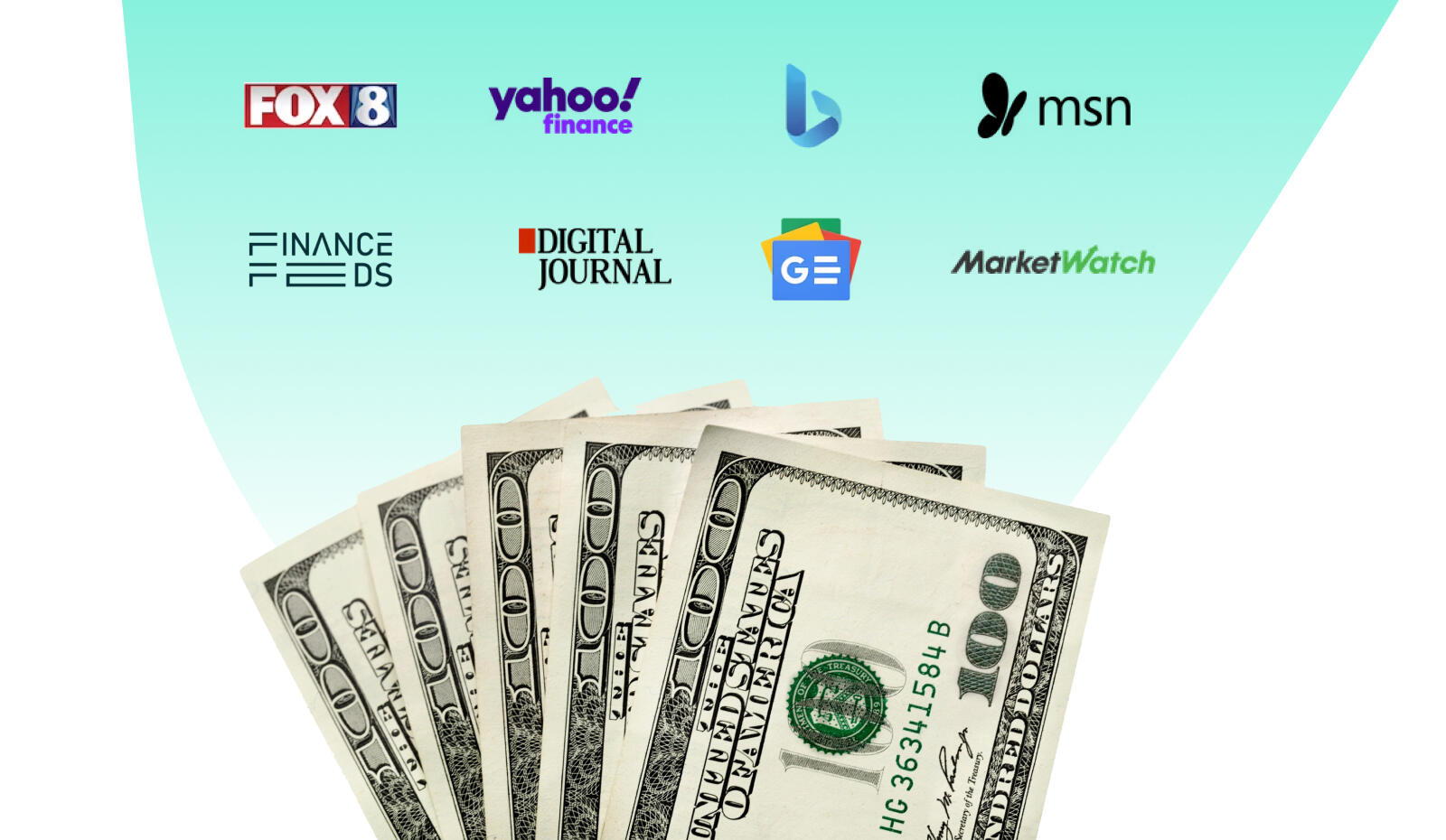 US dollar bills fanned out below logos of major news outlets like Fox 8 and Digital Journal, highlighting affordable and flexible pricing for press release plans.