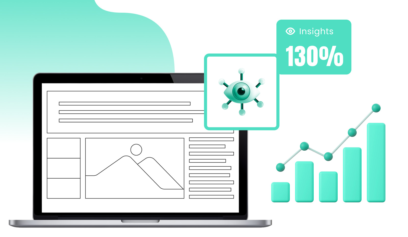 Infographic of a laptop showing growth charts and a 130% insight increase, illustrating the boost in online visibility and presence from professional PR distribution.
