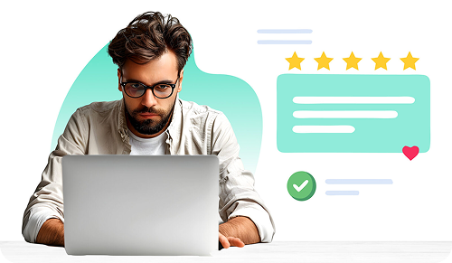 A man typing in a laptop with ratings and skeleton at the side