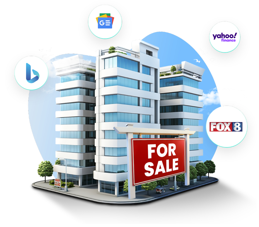 3D real estate illustration with a 'For Sale' sign, residential house, and city buildings, featuring logos for Google News, Yahoo Finance, and Morningstar to represent Real Estate press release services.