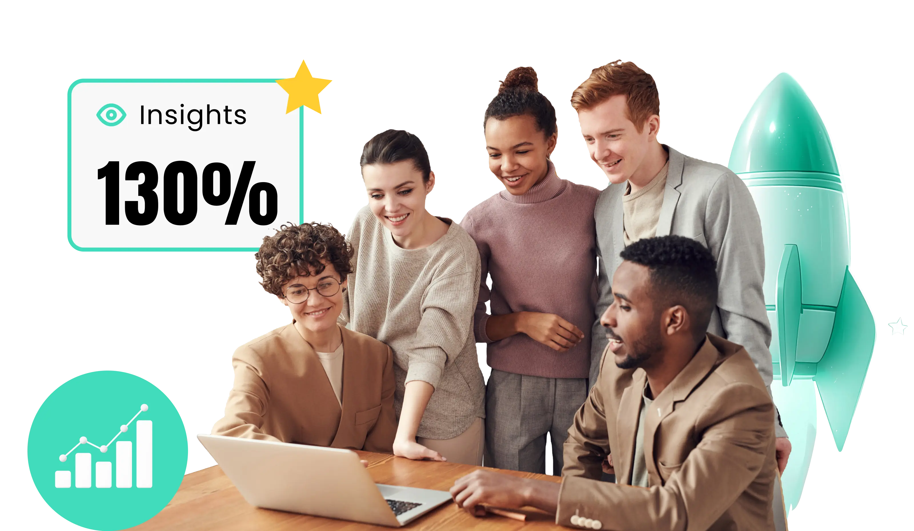 A diverse team of startup founders looking at a laptop next to a launching rocket ship icon, representing growth-focused press release services for new businesses.