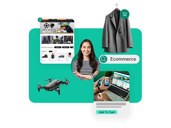 Digital marketing banner showing a female business owner surrounded by online retail elements, an Ecommerce search bar, and an Add to Cart button
