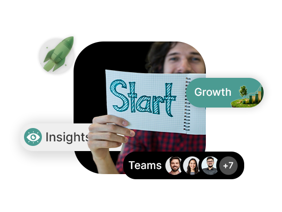 Graphic illustration of startup launch metrics, displaying project insights, team profiles, a rocket icon, and growth tracking