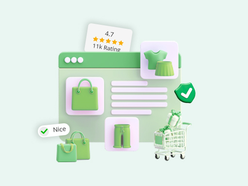 3D illustration of an e-commerce website interface with shopping bags, clothing icons, and a high rating badge