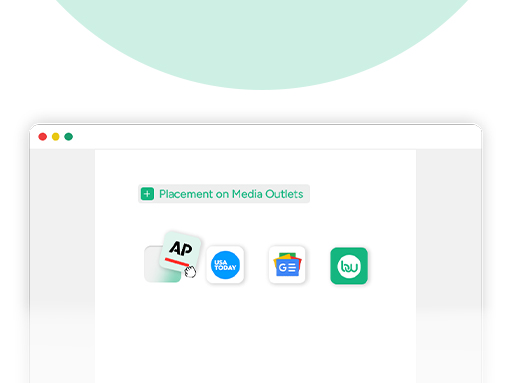 Web dashboard showing digital press release placement options on major media outlets including AP, USA Today, and Google News