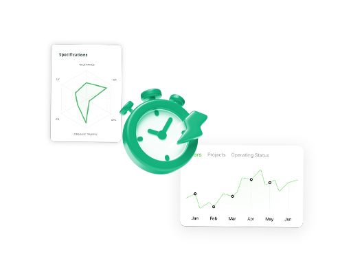 3D stopwatch illustration representing fast turnaround time for link building campaigns with domain authority and organic traffic charts