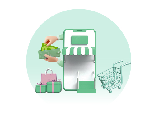 3D illustration of a mobile shopping app storefront with a shopping cart, gift boxes, and hands holding a wallet with cash