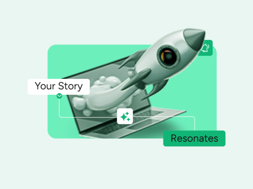 3D rocket ship launching from a laptop screen representing a digital PR campaign and brand storytelling distribution