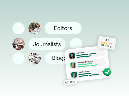 Interface layout displaying a startup media contacts database of editors, journalists, and bloggers alongside verified customer reviews