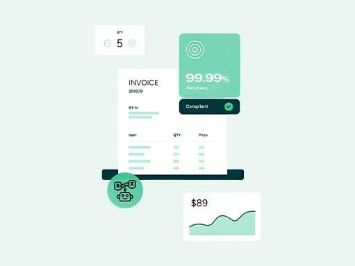 UI illustration of automated invoice processing with an AI robot icon, 99.99% data accuracy metric, and financial compliance badges