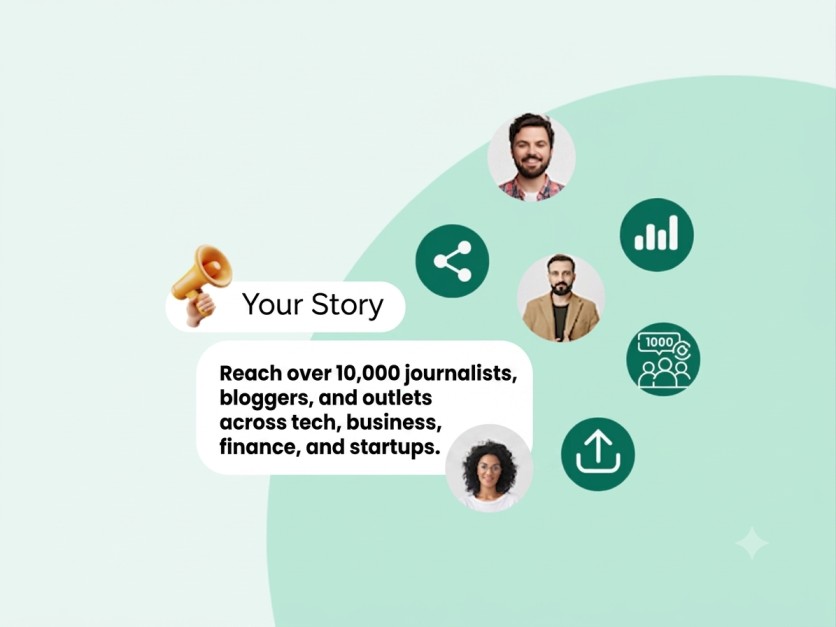 Infographic of PR tool with icons and data. Text: Reach over 10,000 journalists, bloggers, and outlets.