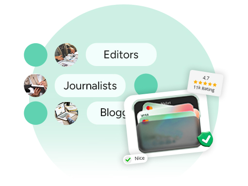 Fintech distribution graphic showing media categories like Editors, Journalists, and Bloggers next to a digital wallet icon and a 4.7-star rating badge.