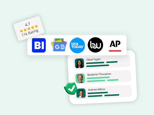Graphic showing PR coverage on trusted platforms, featuring a 4.7-star rating badge, logos for Business Insider, Google News, USA Today, Business Wire, and AP News, alongside a list of media contacts.