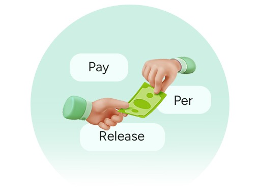 Graphic illustrating a flexible pay-per-release pricing model, showing two 3D hands exchanging cash next to text boxes reading "Pay," "Per," and "Release."
