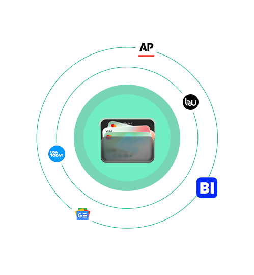 Fintech media distribution graphic featuring a digital wallet icon centered within circular target rings, surrounded by top news platform logos including Associated Press, Business Wire, Business Insider, Google News, and USA Today.