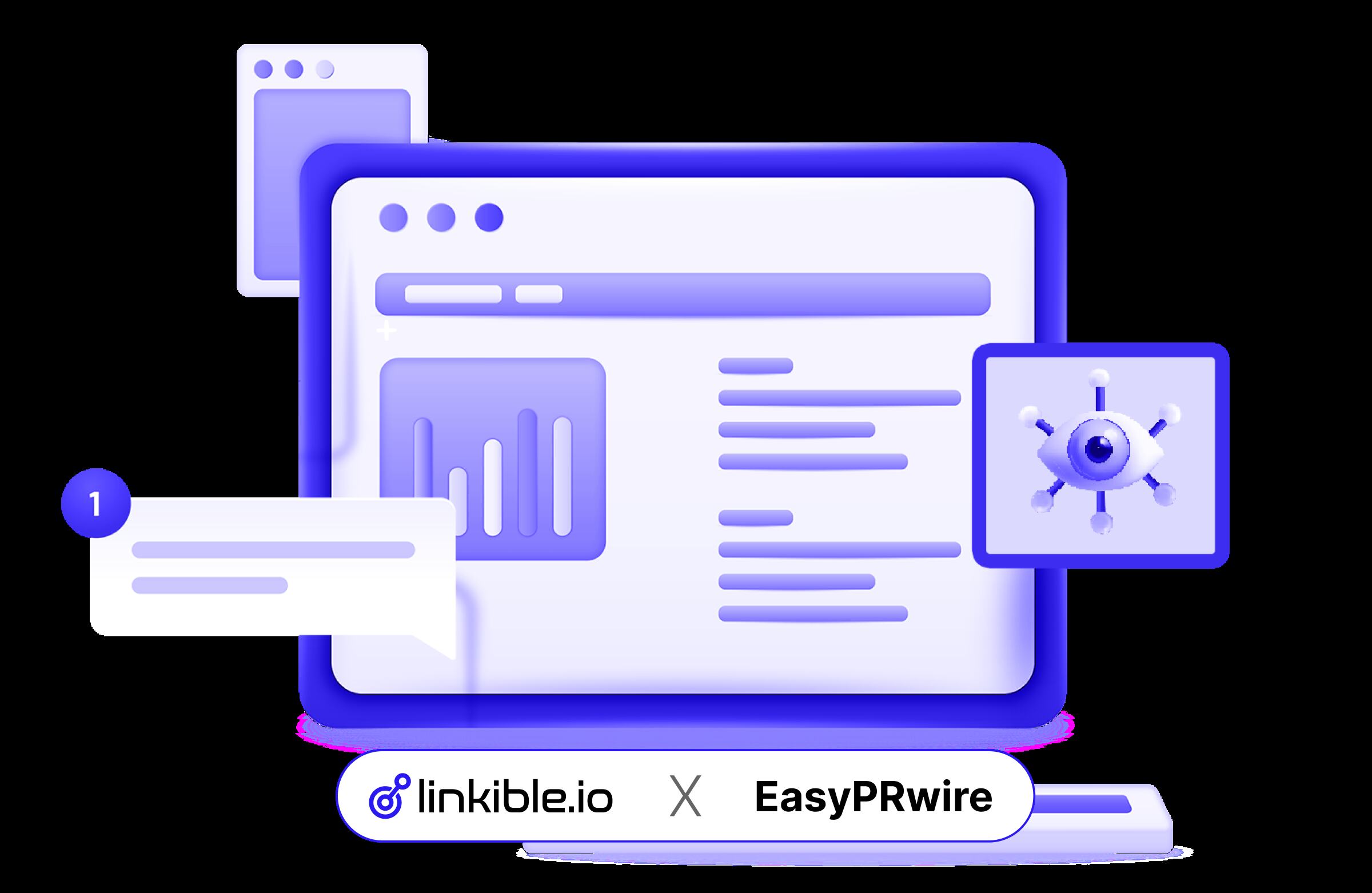 3D web browser dashboard featuring analytics charts and a digital monitoring icon, showcasing the linkible.io and EasyPRwire case study for PR visibility and data tracking.