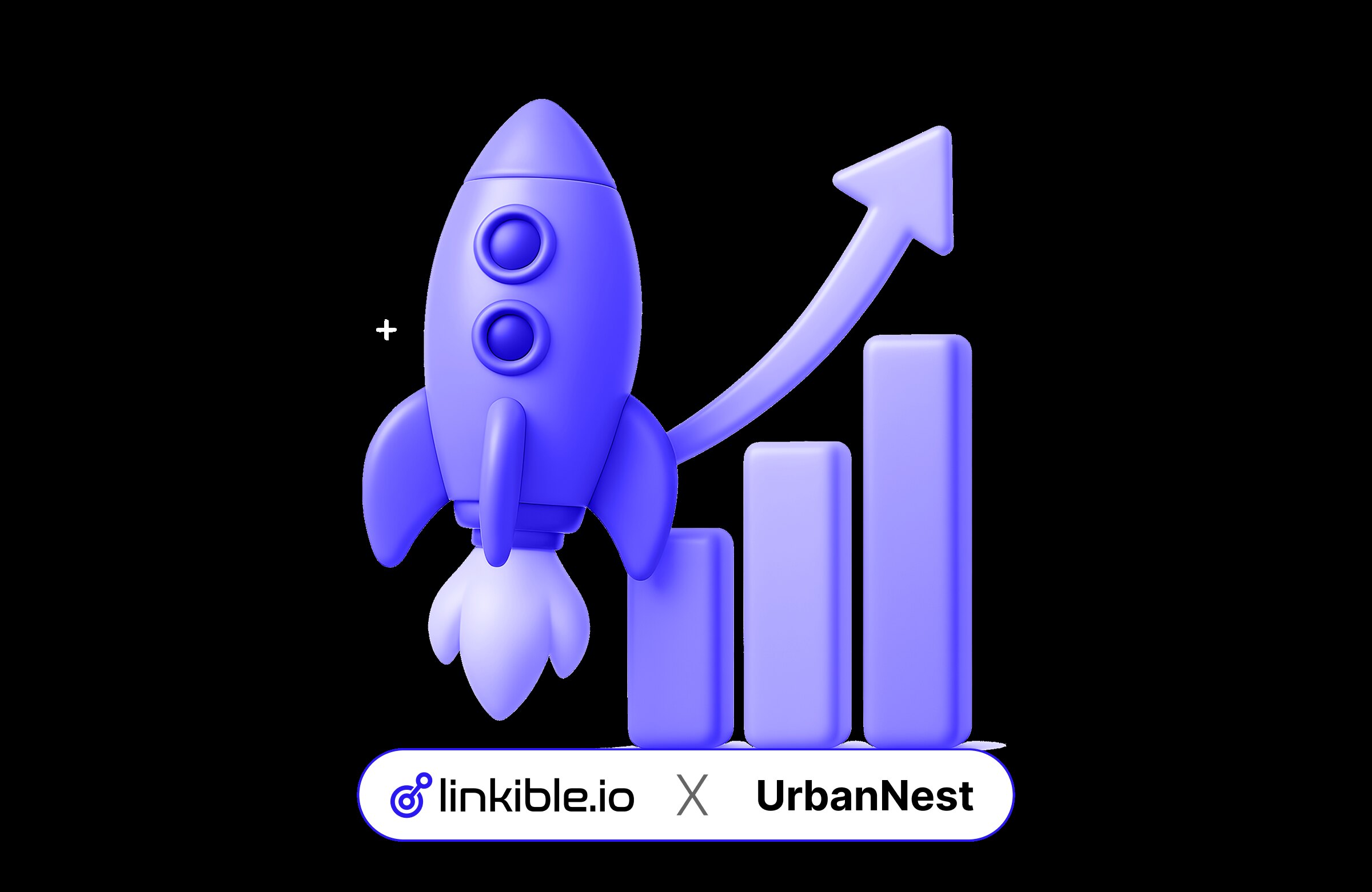 3D purple rocket launching next to upward-trending bar charts, illustrating the linkible.io and UrbanNest SEO case study for rapid business growth and scaling.