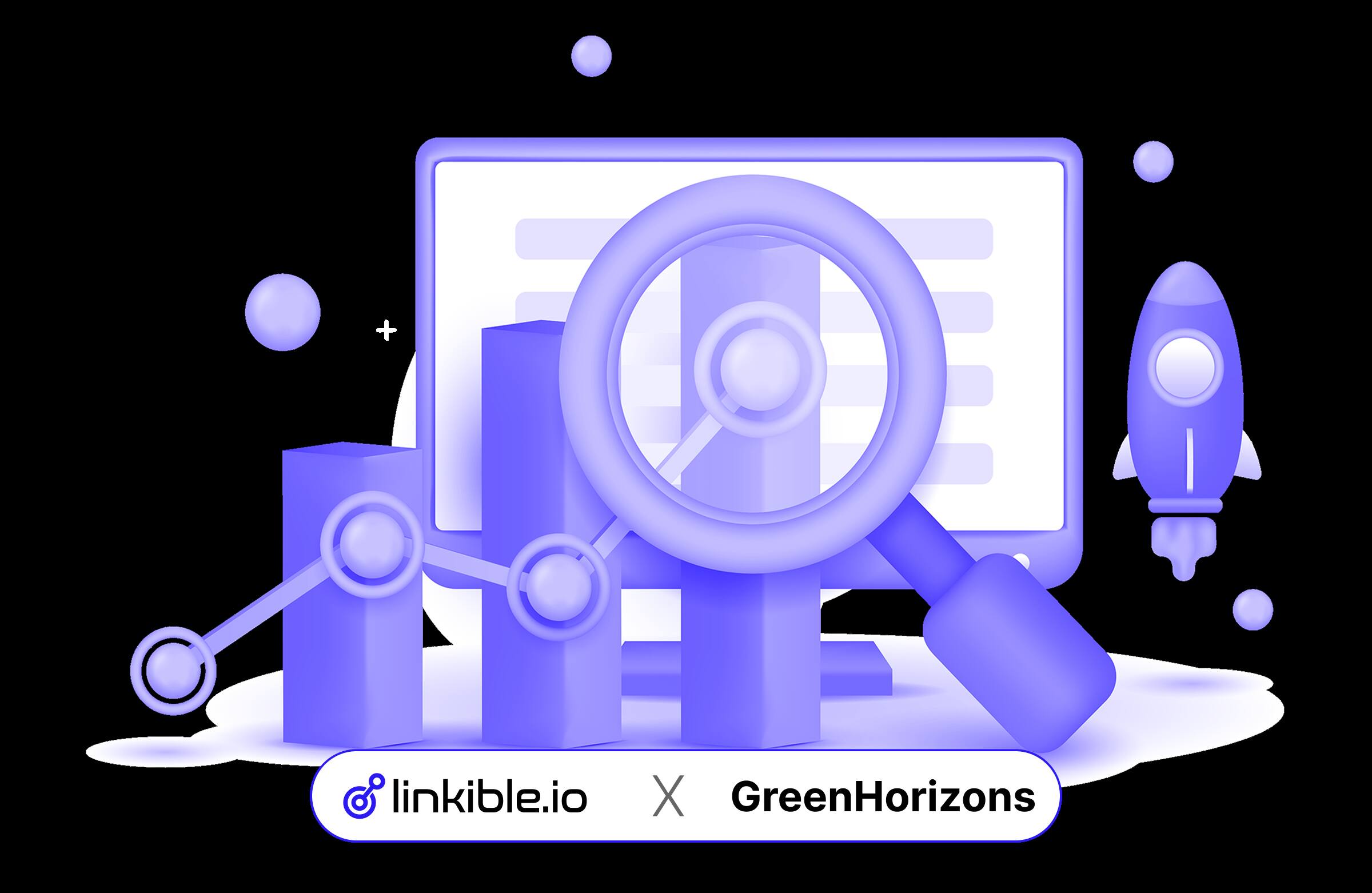3D magnifying glass analyzing growth bar graphs and a rising line chart, representing the linkible.io and GreenHorizons SEO performance and data analysis case study.