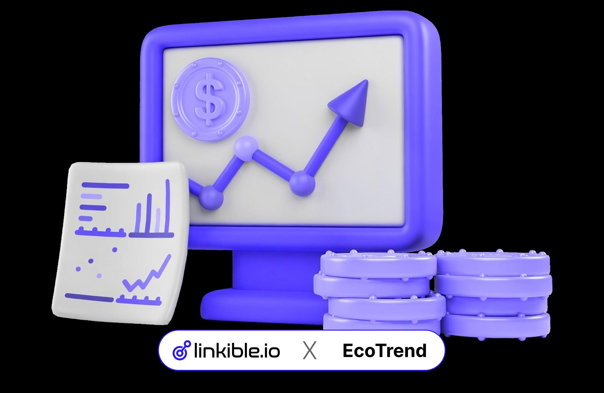 A 3D illustration shows a lavender computer with a rising graph and dollar symbol. Nearby are stacks of coins and a financial report. Logos read "linkible.io" and "EcoTrend."