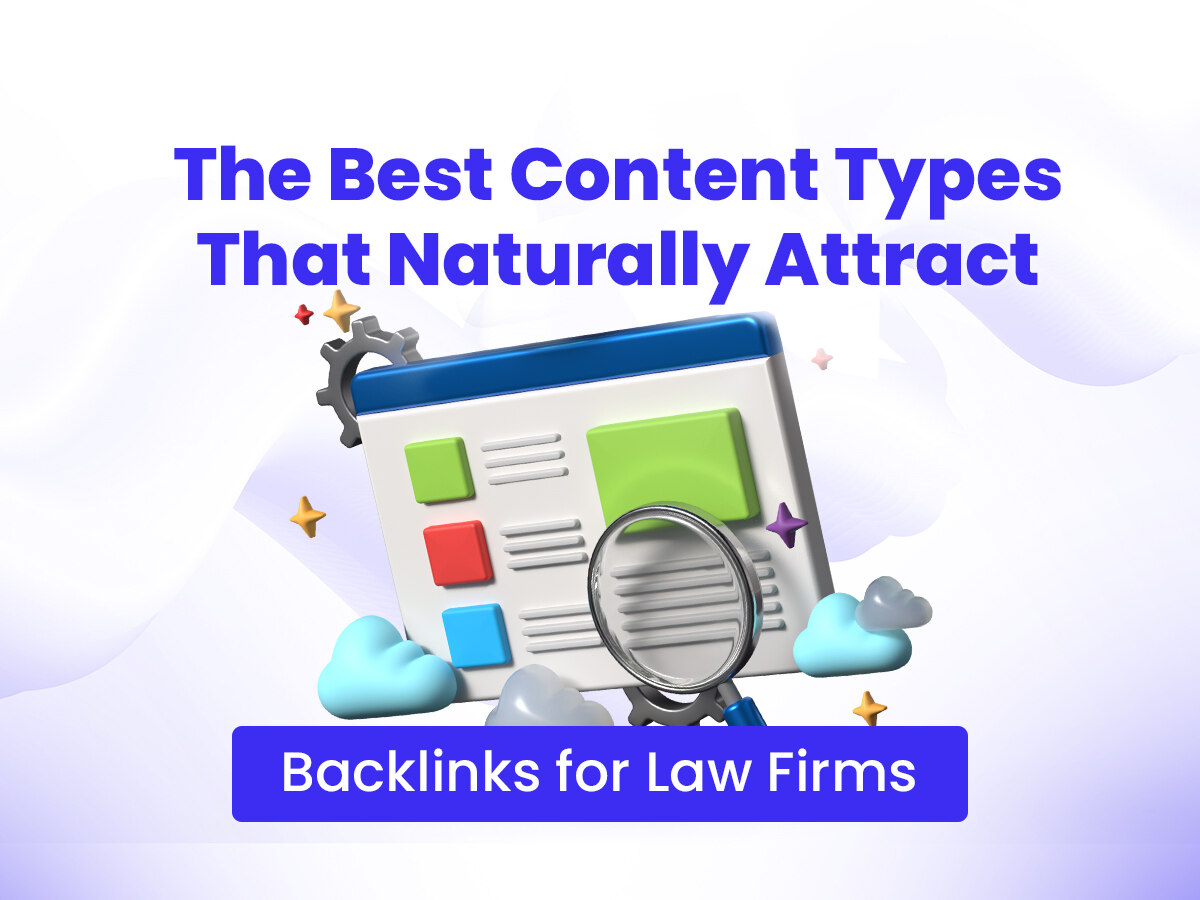 Colorful digital illustration of a webpage with a magnifying glass, gears, and clouds. Text reads 'The Best Content Types That Naturally Attract Backlinks for Law Firms' in bold fonts, conveying a professional and strategic tone.